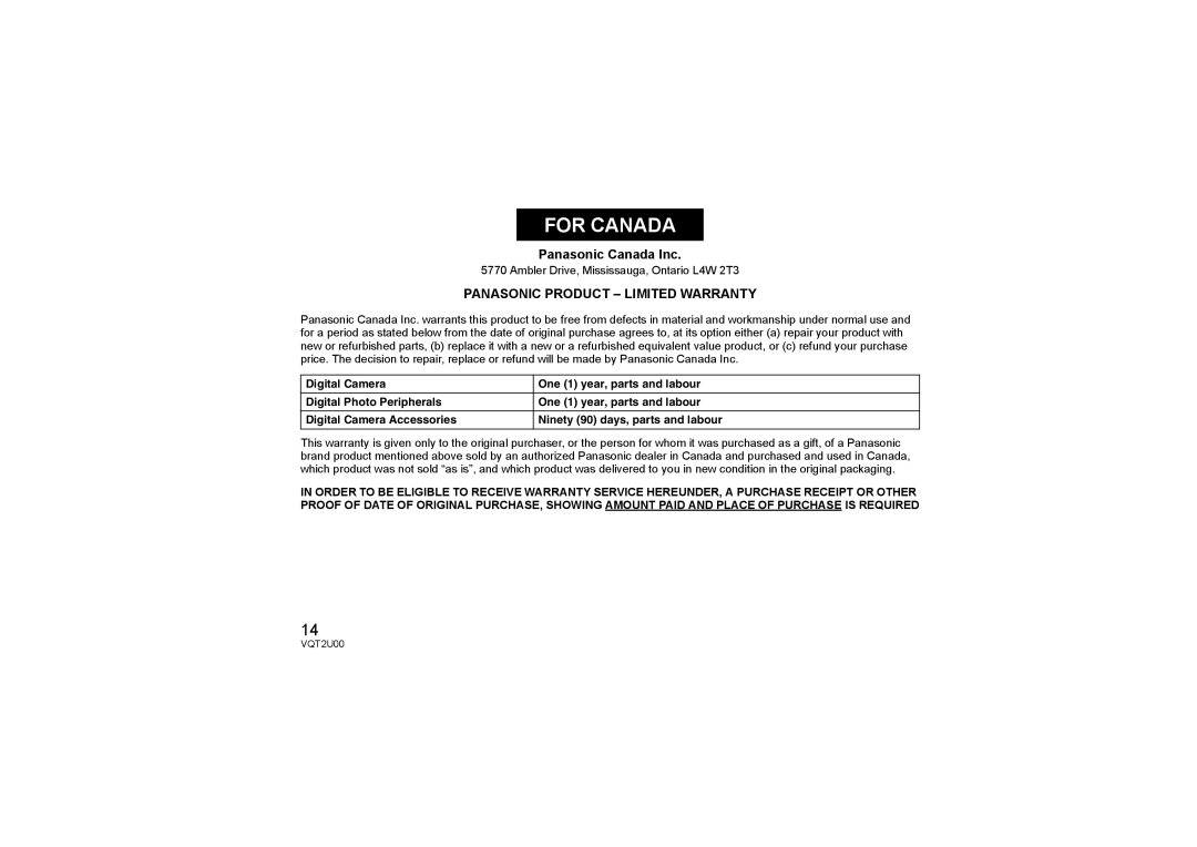 Panasonic H-FS014042 operating instructions For Canada 