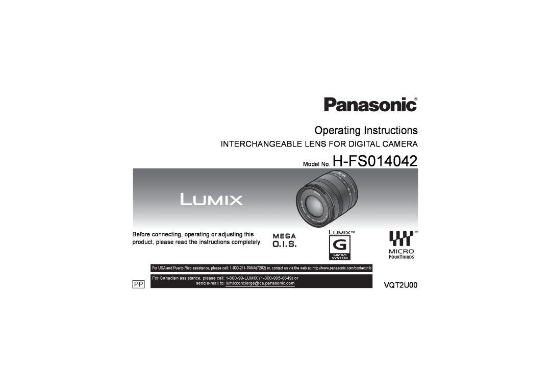 Panasonic H-FS014042 operating instructions Operating Instructions, Interchangeable Lens For Digital Camera, VQT2U00 