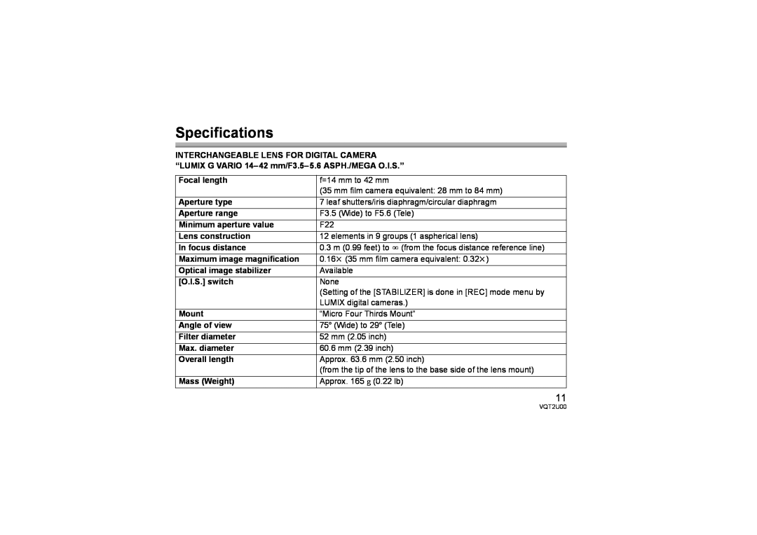 Panasonic H-FS014042 Specifications, Focal length, Aperture type, Aperture range, Minimum aperture value, O.I.S. switch 