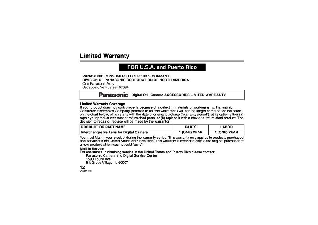 Panasonic H-FS014042 operating instructions Limited Warranty, FOR U.S.A. and Puerto Rico 