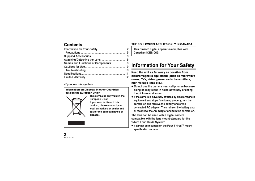 Panasonic H-FS014042 Information for Your Safety, Contents, The Following Applies Only In Canada, If you see this symbol 