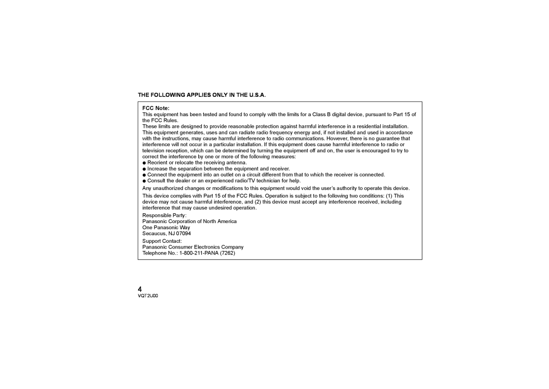 Panasonic H-FS014042 operating instructions THE FOLLOWING APPLIES ONLY IN THE U.S.A FCC Note 