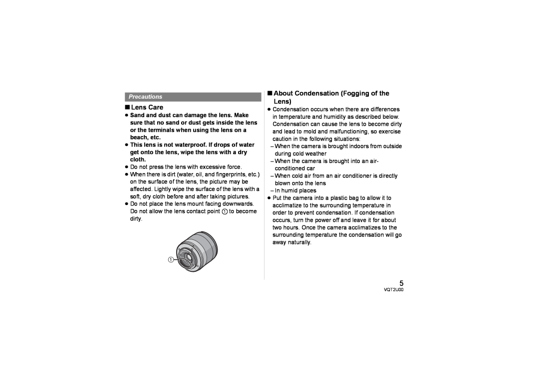 Panasonic H-FS014042 operating instructions ∫ Lens Care, About Condensation Fogging of the Lens, Precautions 