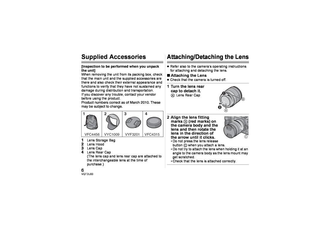 Panasonic H-FS014042 operating instructions Supplied Accessories, Attaching/Detaching the Lens 