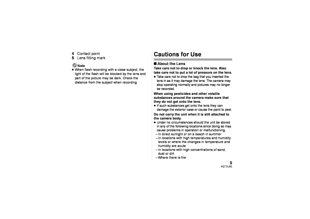 Panasonic H-FS014042 operating instructions Cautions for Use, Contact point 5 Lens fitting mark, About the Lens 