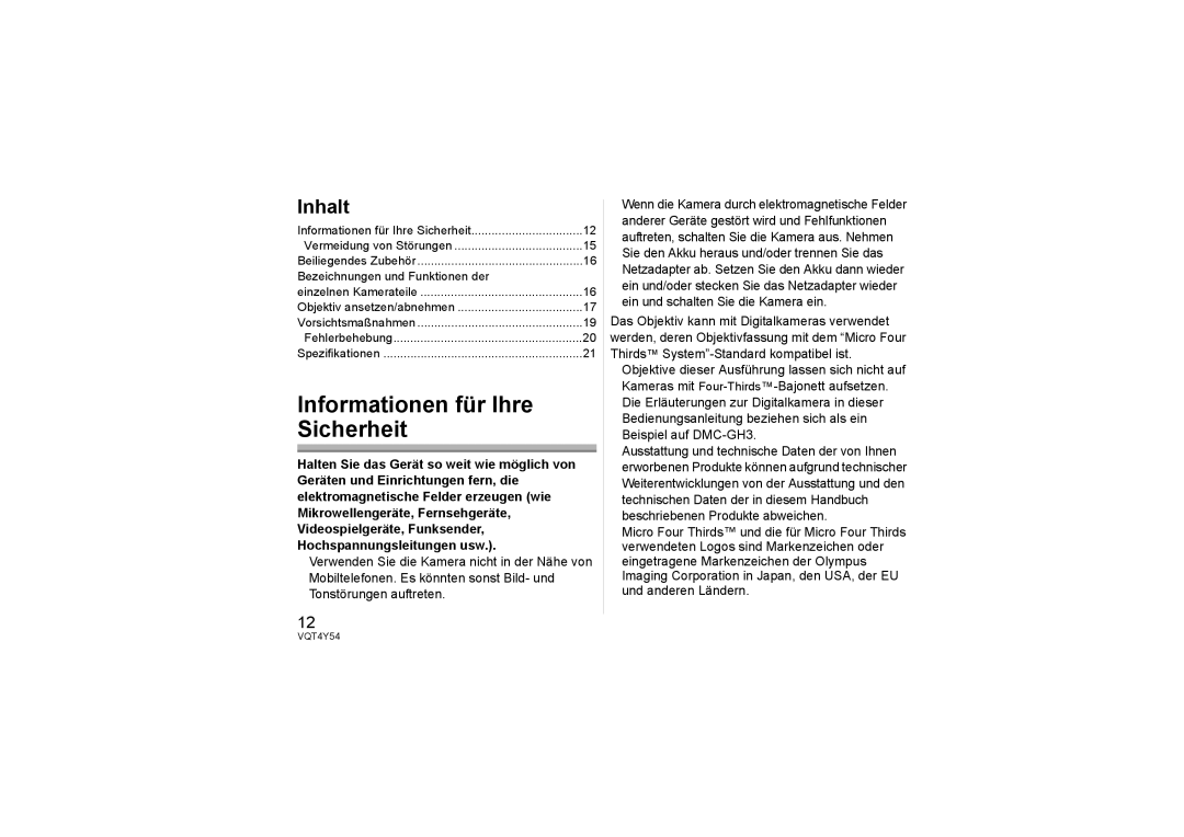 Panasonic H-FS14140 operating instructions Informationen für Ihre Sicherheit, Inhalt 