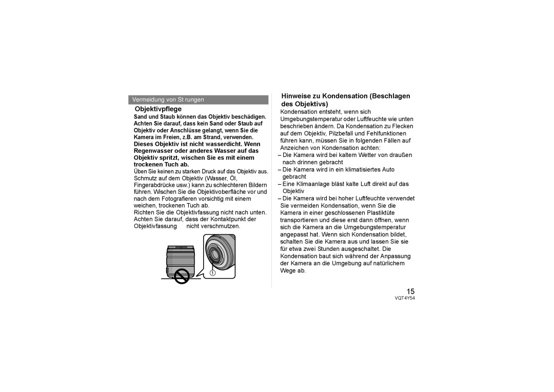 Panasonic H-FS14140 operating instructions Objektivpflege, Hinweise zu Kondensation Beschlagen Des Objektivs 