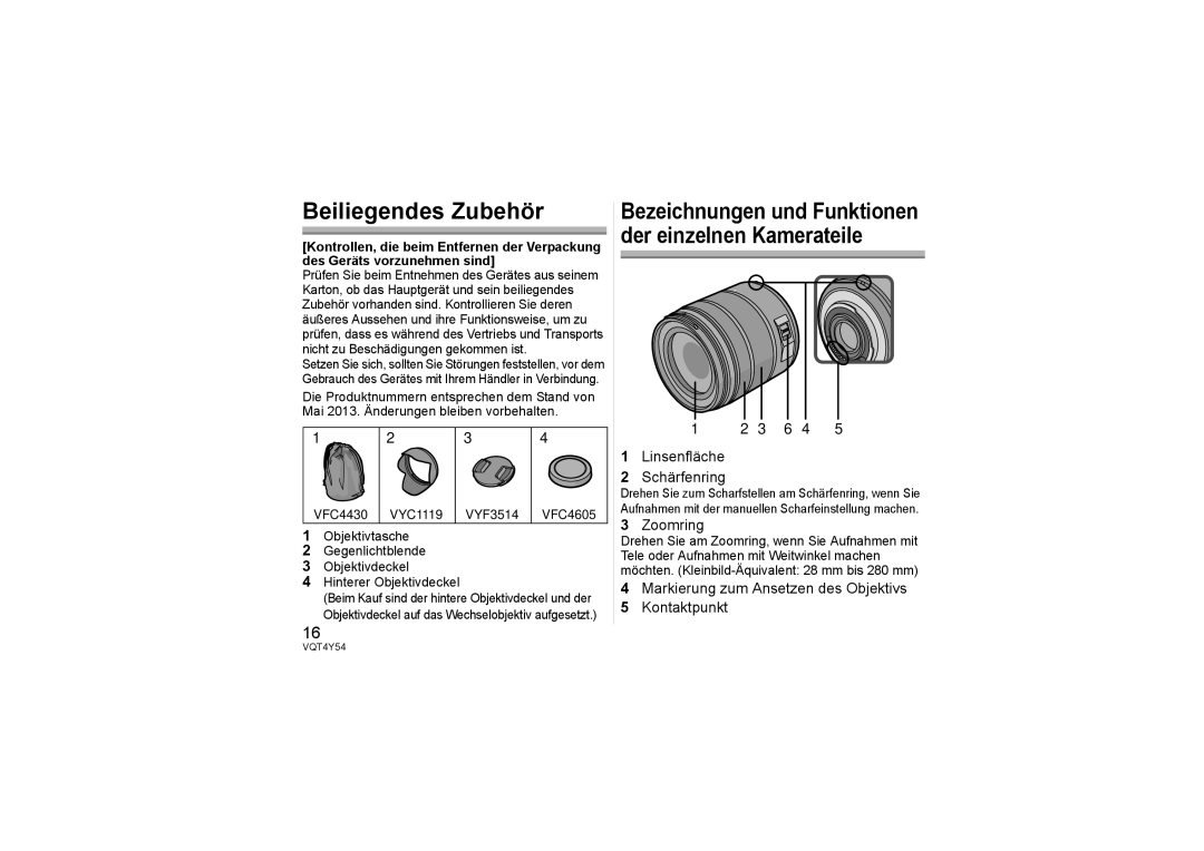 Panasonic H-FS14140 Beiliegendes Zubehör, Linsenfläche Schärfenring, Markierung zum Ansetzen des Objektivs Kontaktpunkt 