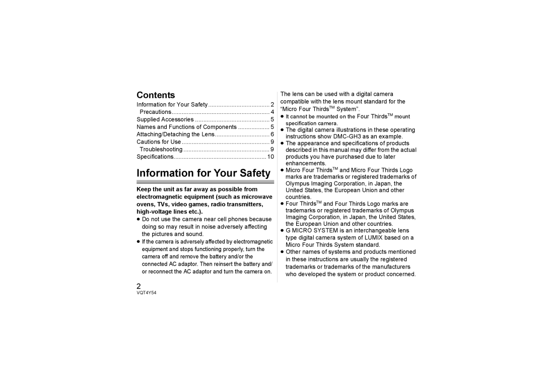 Panasonic H-FS14140 operating instructions Information for Your Safety, Contents 