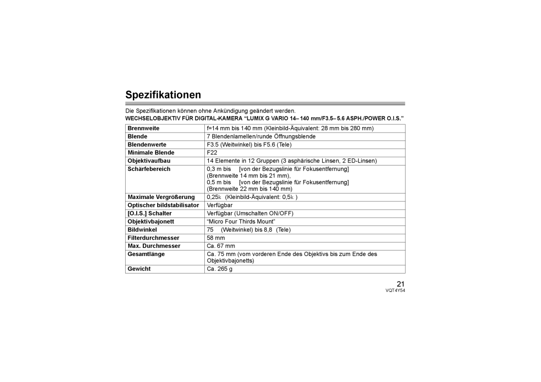 Panasonic H-FS14140 operating instructions Spezifikationen 