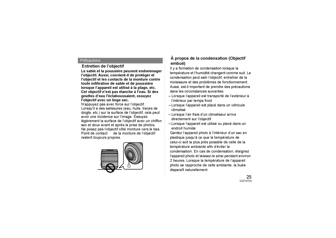 Panasonic H-FS14140 operating instructions Entretien de l’objectif, Propos de la condensation Objectif Embué 