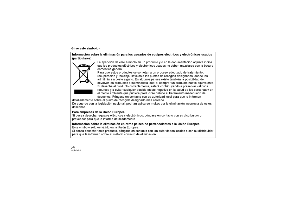 Panasonic H-FS14140 operating instructions Doméstica general, Para empresas de la Unión Europea 