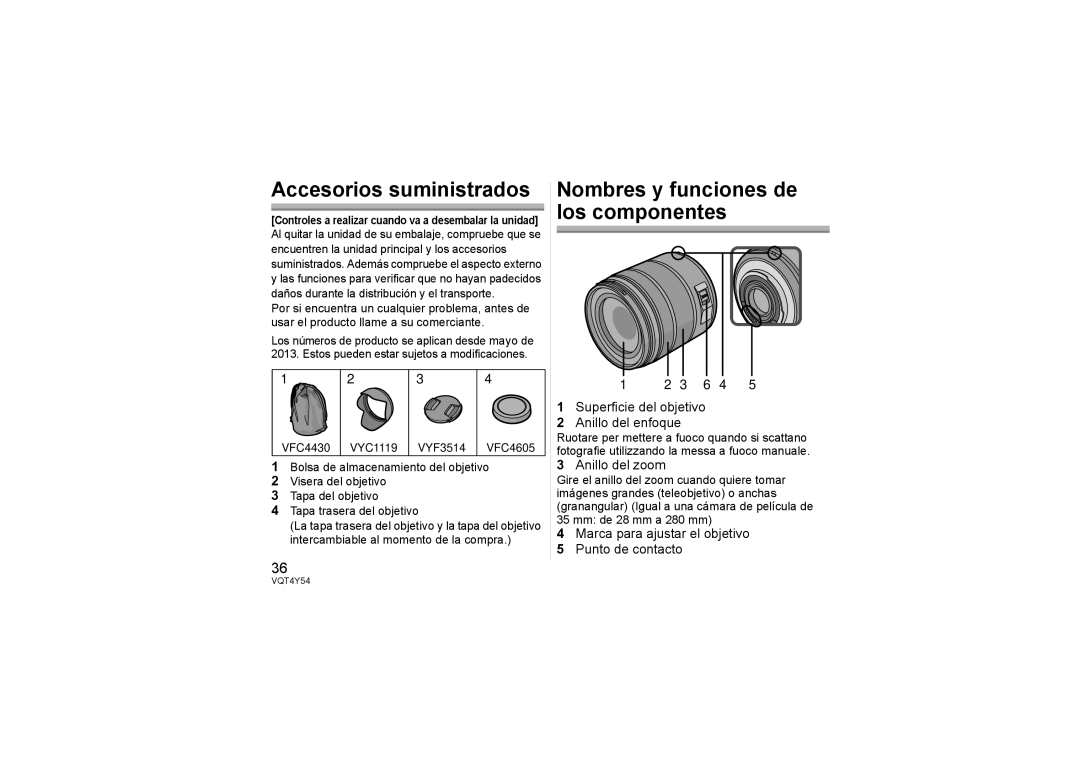 Panasonic H-FS14140 Accesorios suministrados, Nombres y funciones de los componentes, Anillo del zoom 