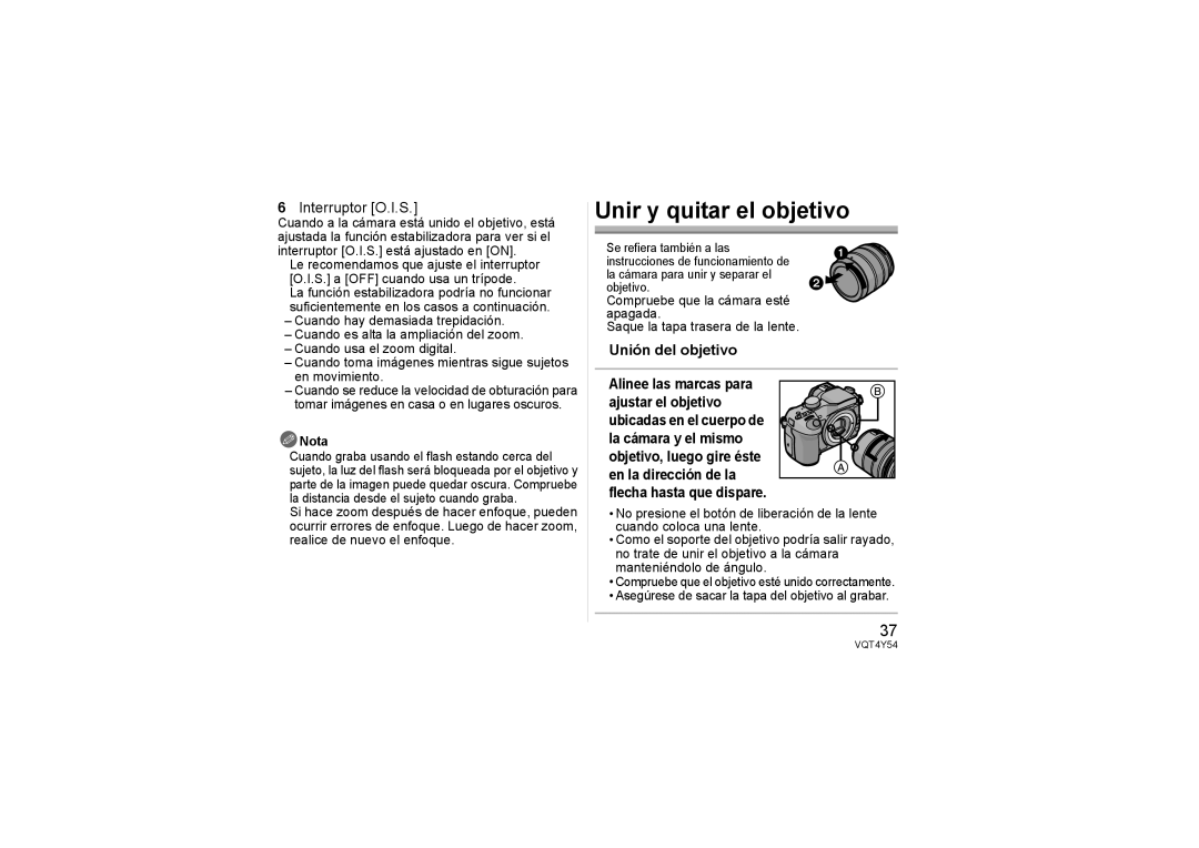 Panasonic H-FS14140 operating instructions Unir y quitar el objetivo, Interruptor O.I.S, Unión del objetivo, Nota 