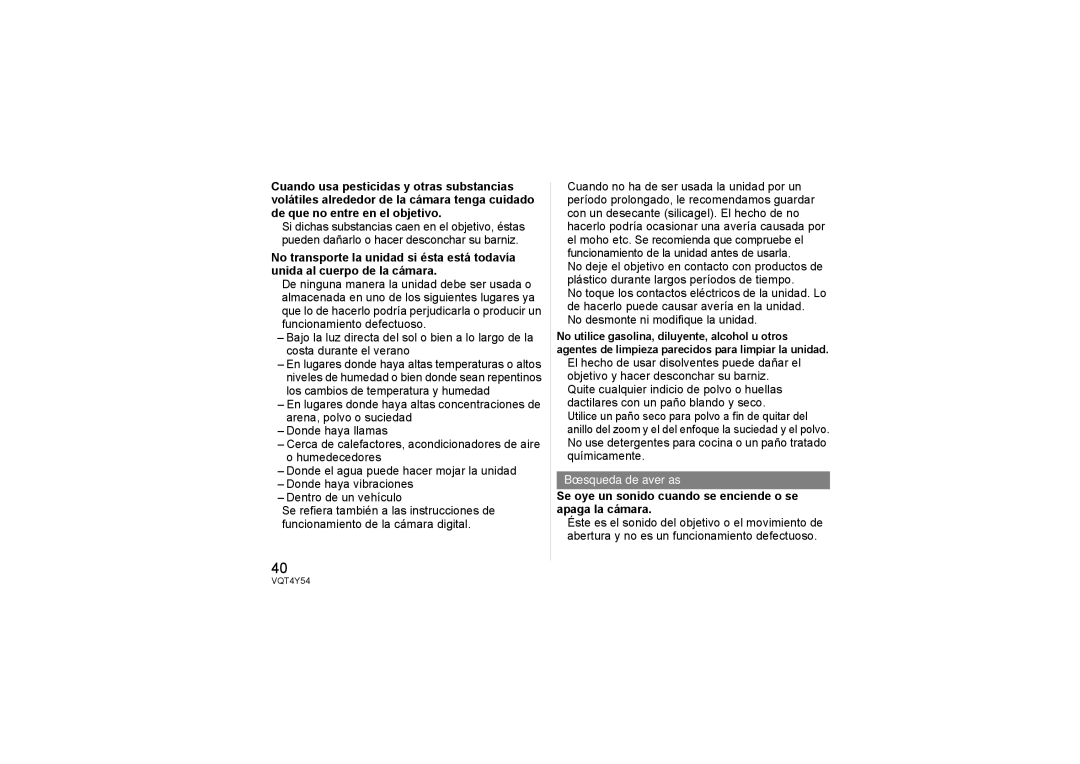 Panasonic H-FS14140 operating instructions Búsqueda de averías, Se oye un sonido cuando se enciende o se apaga la cámara 