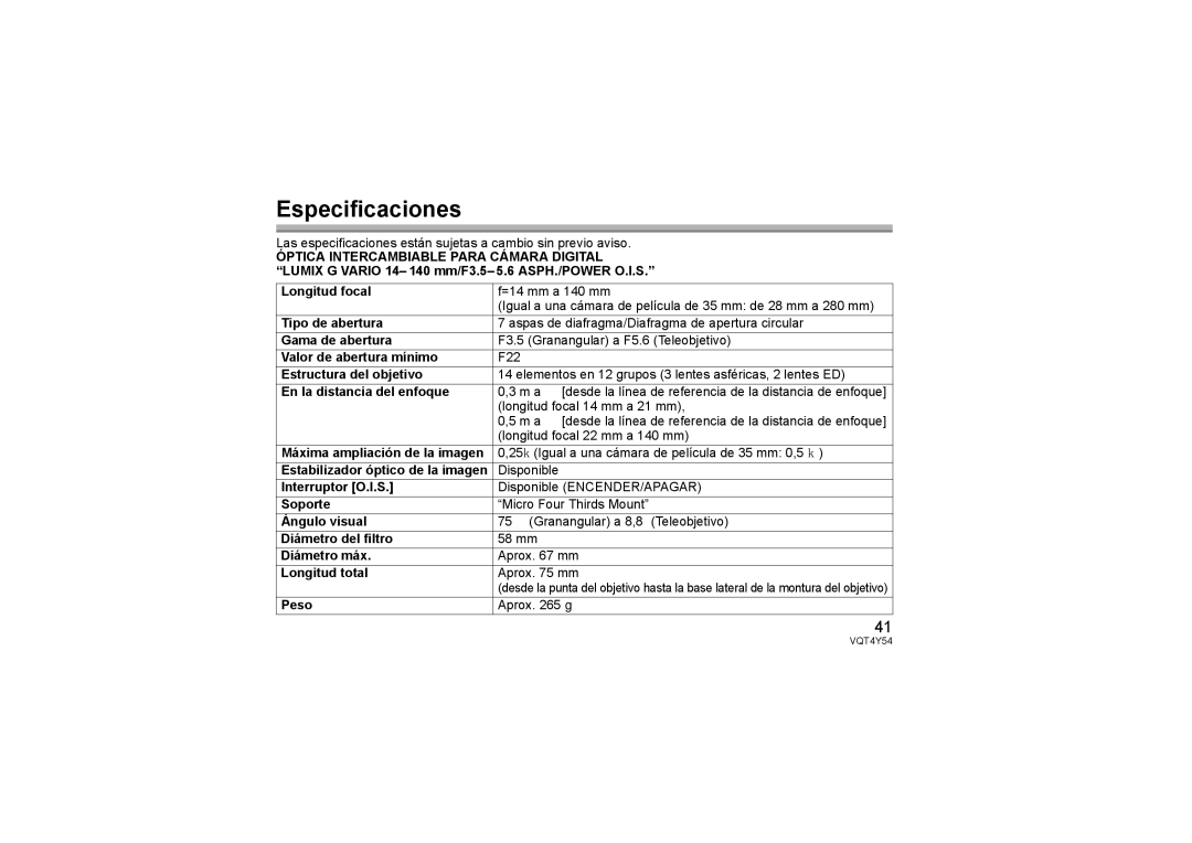 Panasonic H-FS14140 operating instructions Especificaciones 