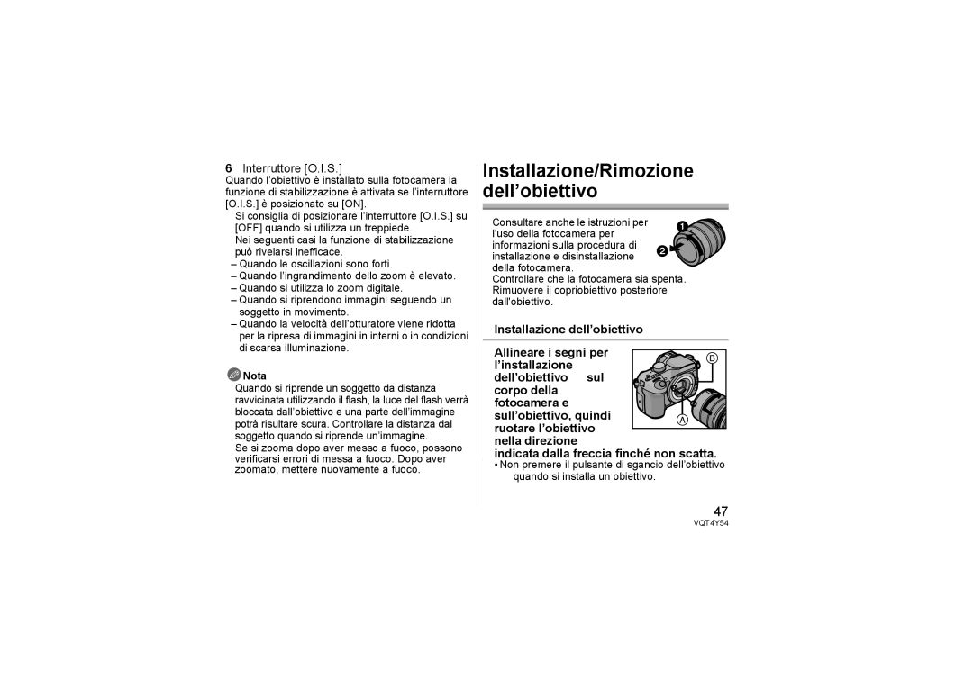 Panasonic H-FS14140 operating instructions Installazione/Rimozione Dell’obiettivo, Interruttore O.I.S 