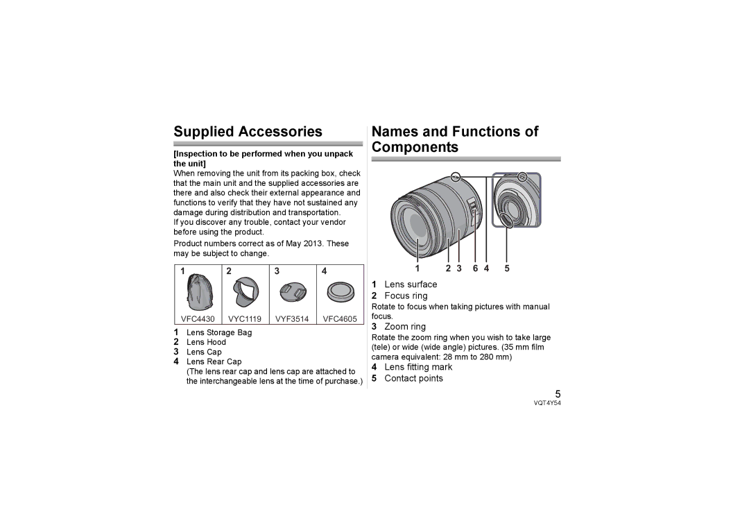 Panasonic H-FS14140 operating instructions Supplied Accessories, Names and Functions of Components, Lens surface Focus ring 