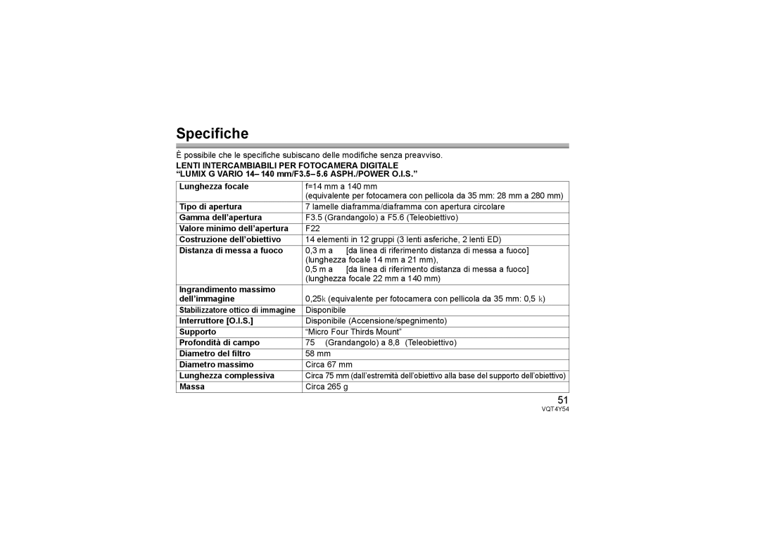 Panasonic H-FS14140 operating instructions Specifiche 