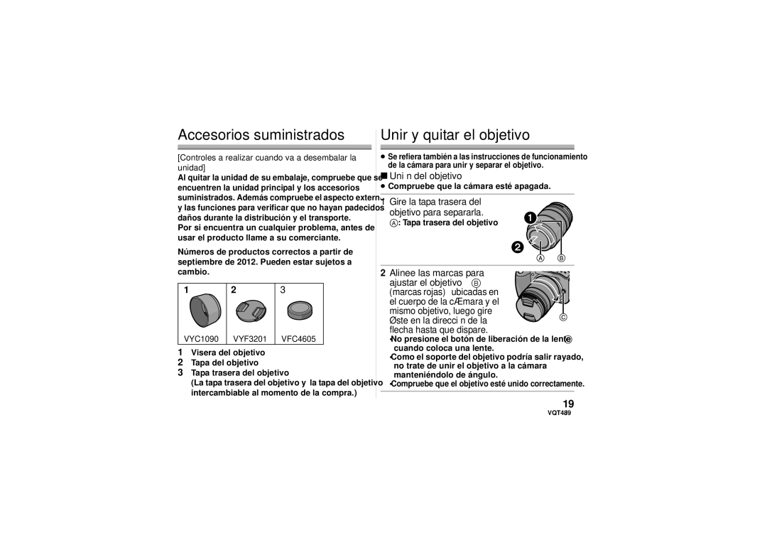 Panasonic H-FS45150 owner manual Accesorios suministrados, Unir y quitar el objetivo, Unión del objetivo 