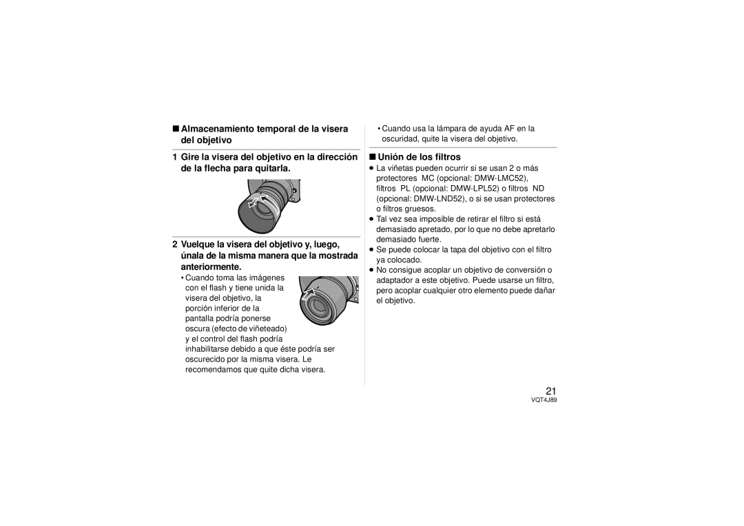 Panasonic H-FS45150 owner manual Anteriormente, Unión de los filtros 