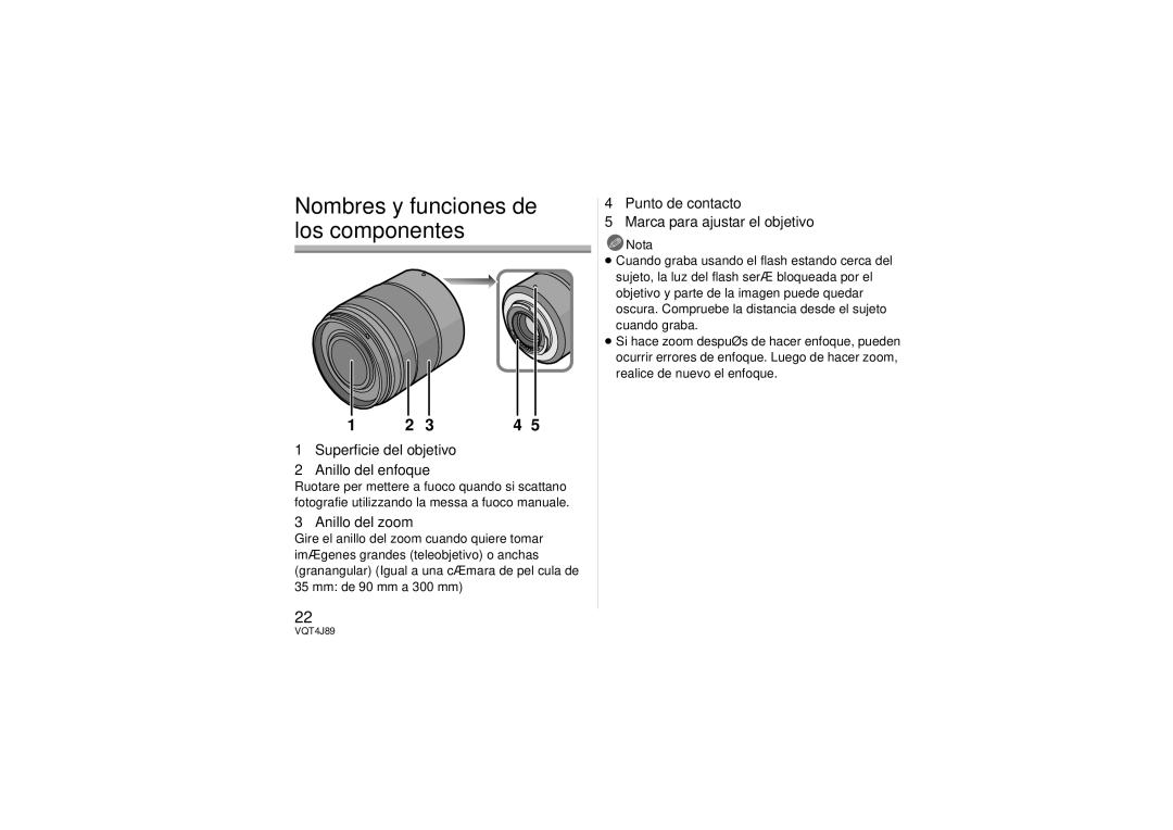 Panasonic H-FS45150 owner manual Nombres y funciones de los componentes, Nota 