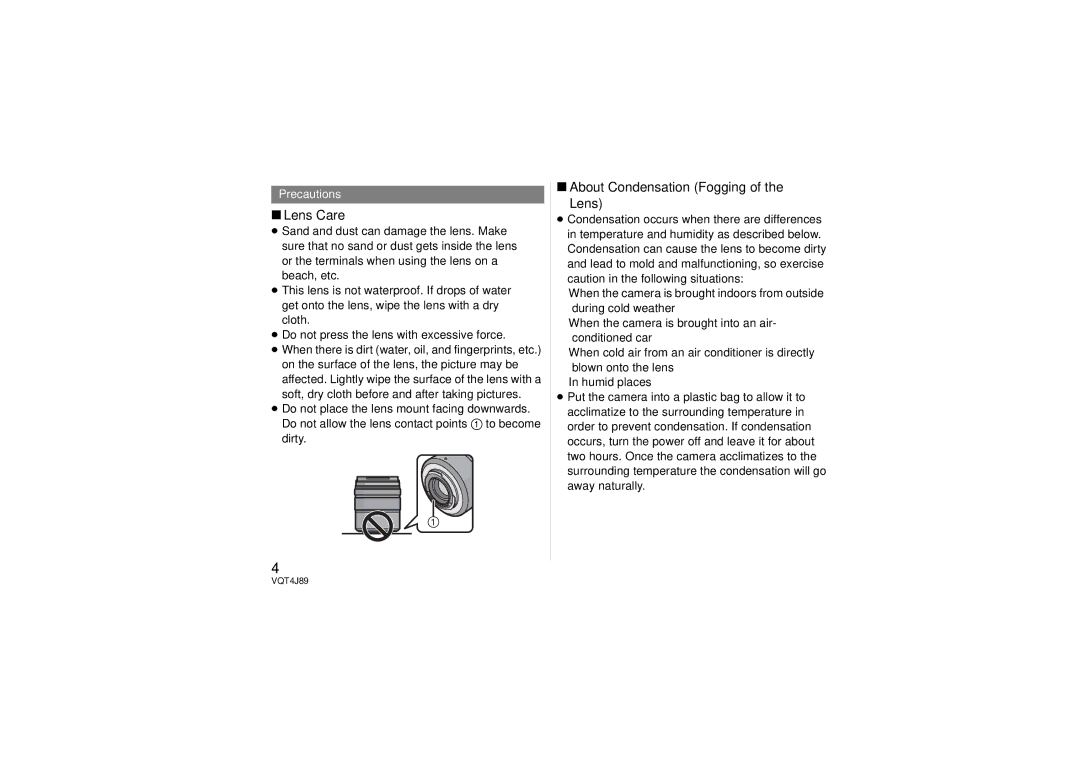 Panasonic H-FS45150 owner manual Lens Care, About Condensation Fogging Lens, ≥ Do not press the lens with excessive force 