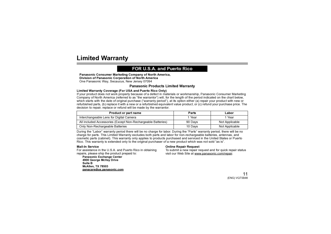 Panasonic H-H020A owner manual Panasonic Products Limited Warranty 