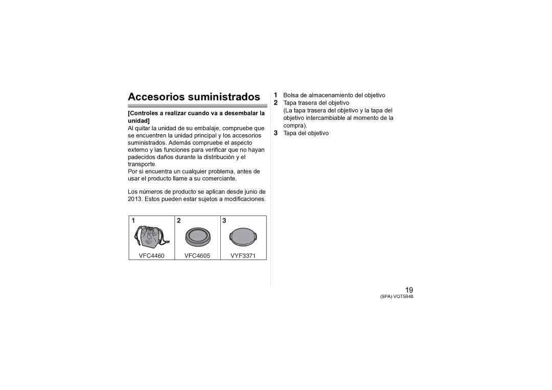 Panasonic H-H020A owner manual Accesorios suministrados, Controles a realizar cuando va a desembalar la unidad 