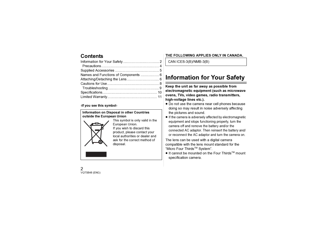 Panasonic H-H020A owner manual Information for Your Safety, Contents 