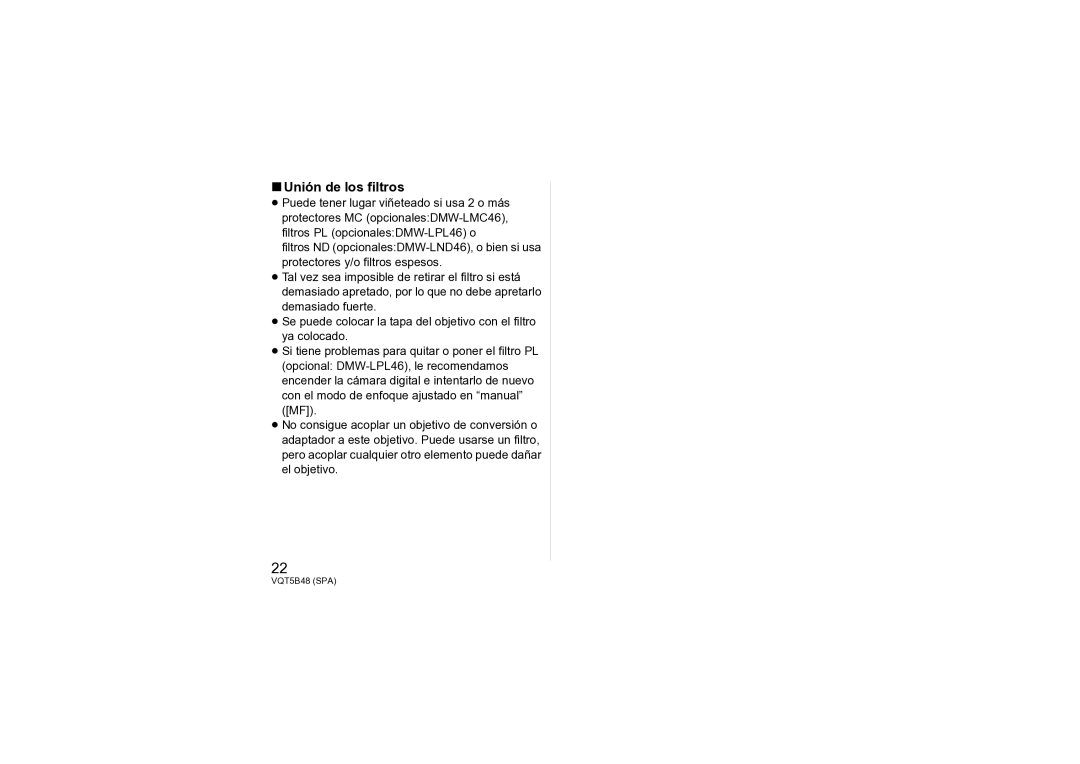 Panasonic H-H020A owner manual Unión de los filtros 