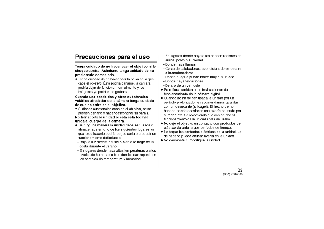 Panasonic H-H020A owner manual Precauciones para el uso 