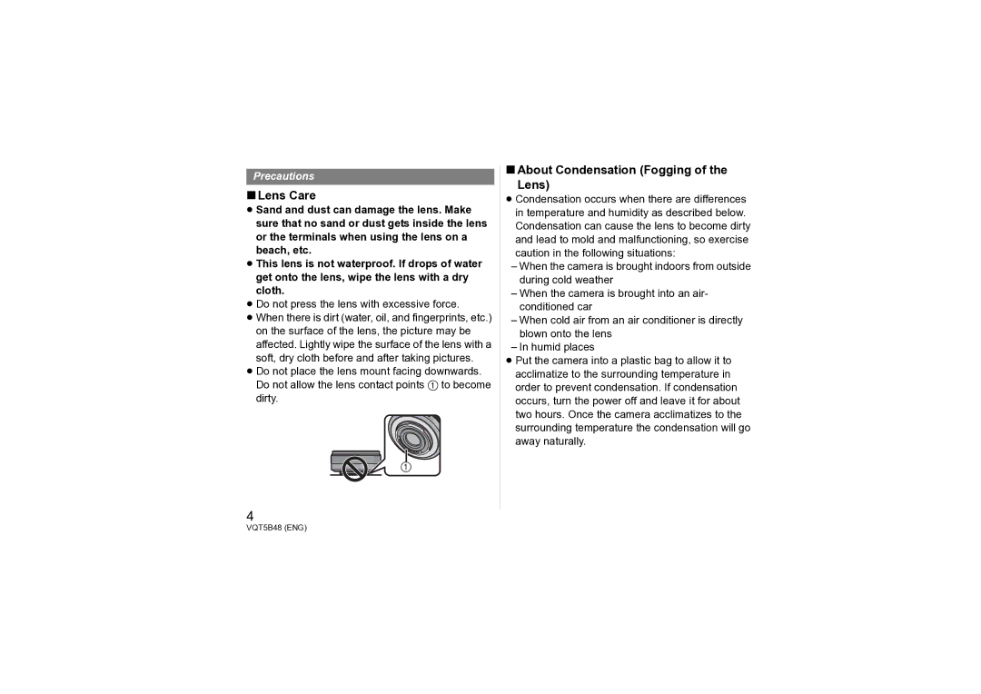 Panasonic H-H020A owner manual Lens Care, About Condensation Fogging Lens, ≥ Do not press the lens with excessive force 