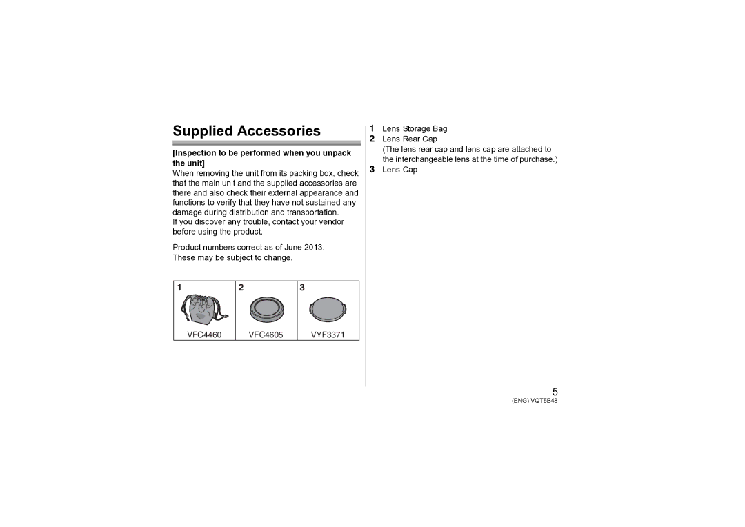 Panasonic H-H020A owner manual Supplied Accessories, Inspection to be performed when you unpack the unit, Lens Cap 