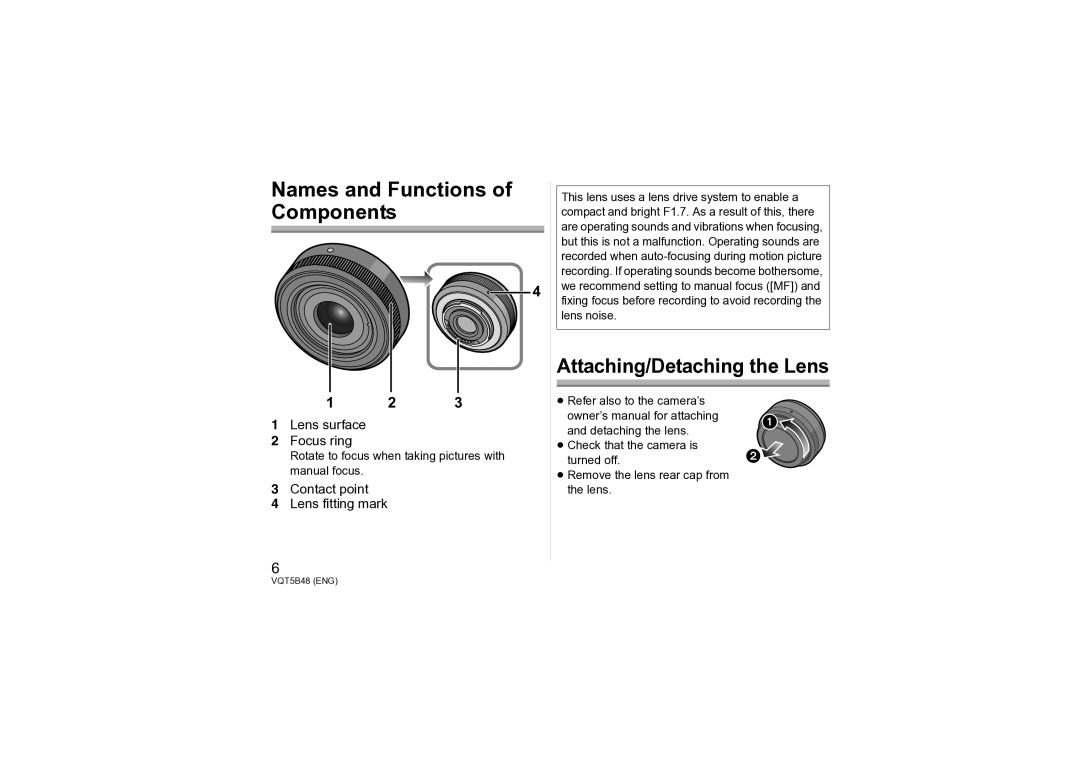 Panasonic H-H020A owner manual Names and Functions of Components, Rotate to focus when taking pictures with manual focus 