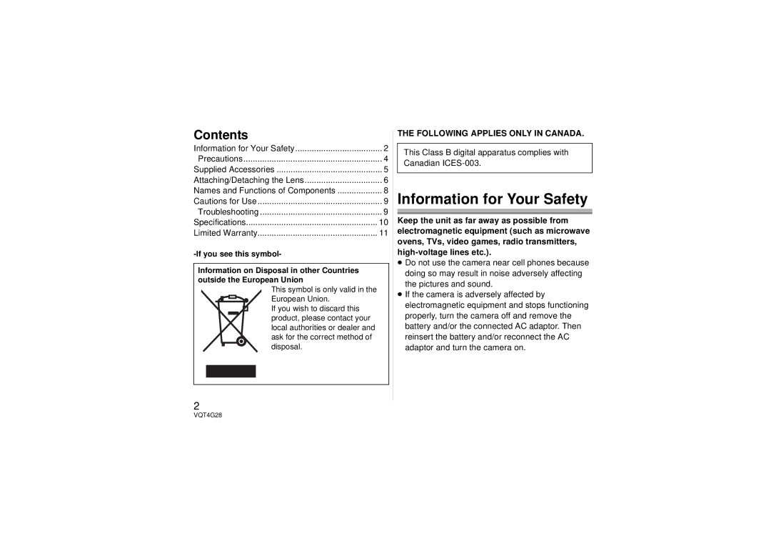 Panasonic H-HS12035 owner manual Information for Your Safety, Contents 