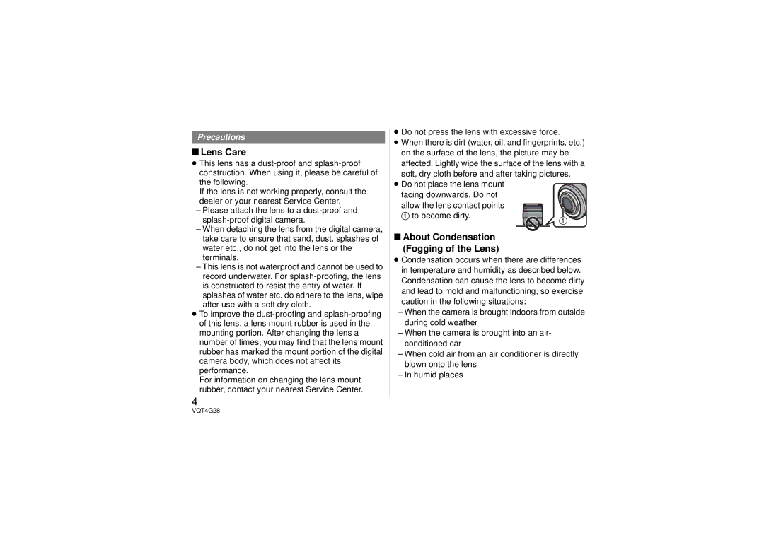 Panasonic H-HS12035 Lens Care, About Condensation Fogging of the Lens, ≥ Do not press the lens with excessive force 