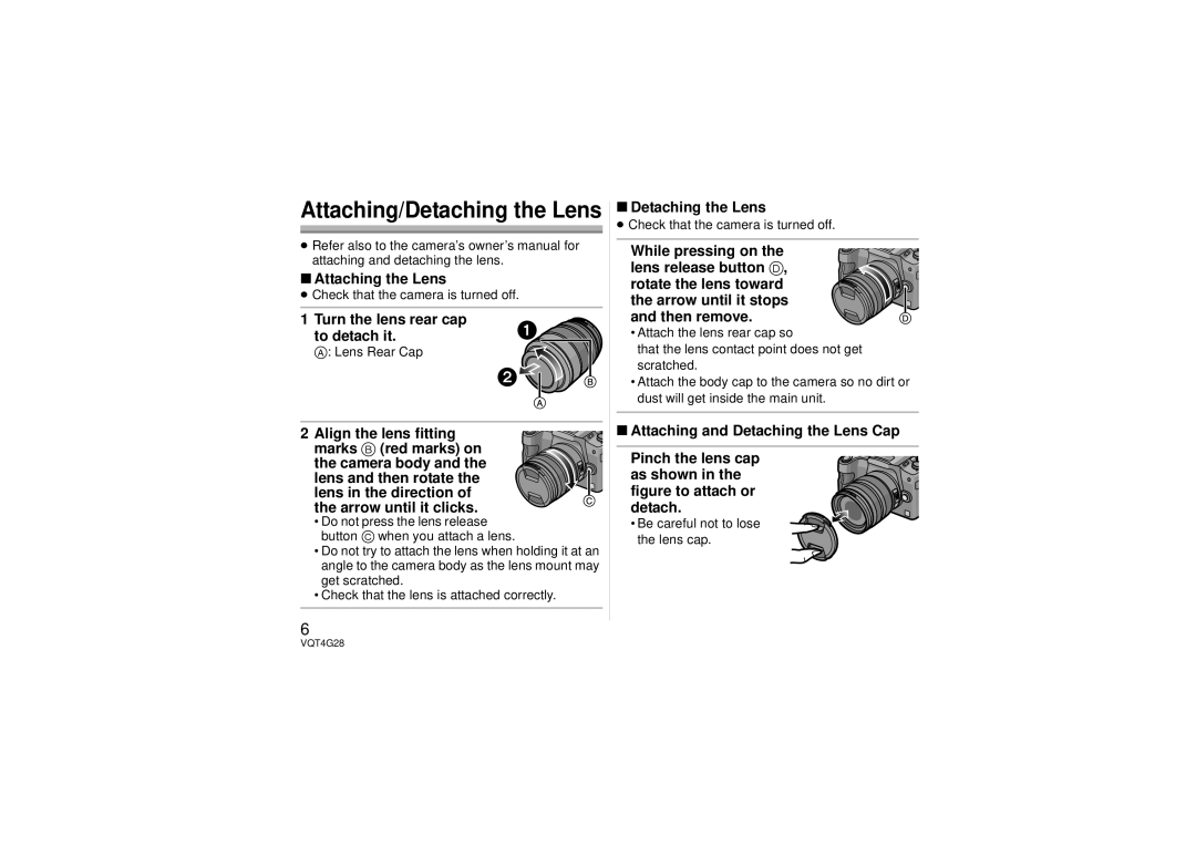 Panasonic H-HS12035 owner manual Attaching the Lens, Turn the lens rear cap to detach it, Detaching the Lens 