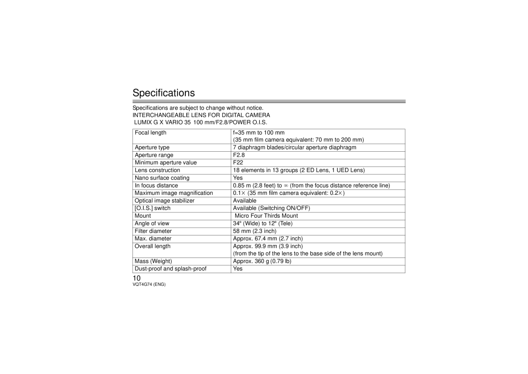 Panasonic H-HS35100 owner manual Specifications 