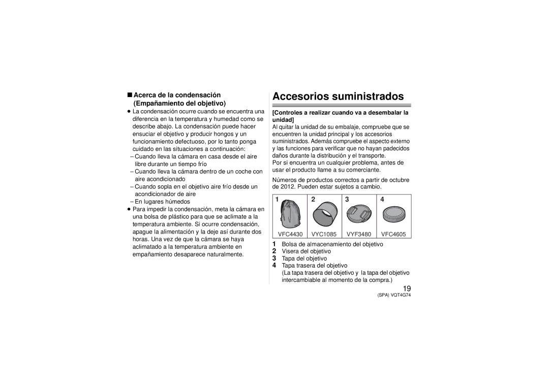 Panasonic H-HS35100 owner manual Accesorios suministrados, Acerca de la condensación Empañamiento del objetivo 