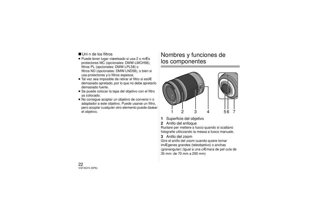 Panasonic H-HS35100 owner manual Nombres y funciones de los componentes, Unión de los filtros 