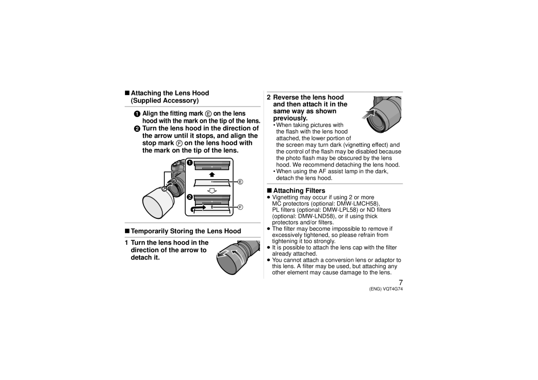 Panasonic H-HS35100 owner manual Attaching the Lens Hood Supplied Accessory, Attaching Filters 