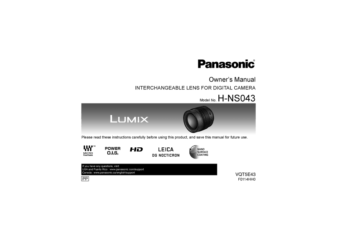 Panasonic H-NS043 owner manual Interchangeable Lens for Digital Camera, F0114HH0 