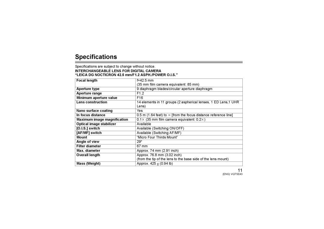 Panasonic H-NS043 owner manual Specifications 