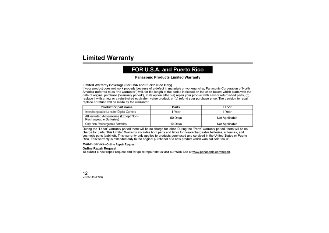 Panasonic H-NS043 owner manual Panasonic Products Limited Warranty 