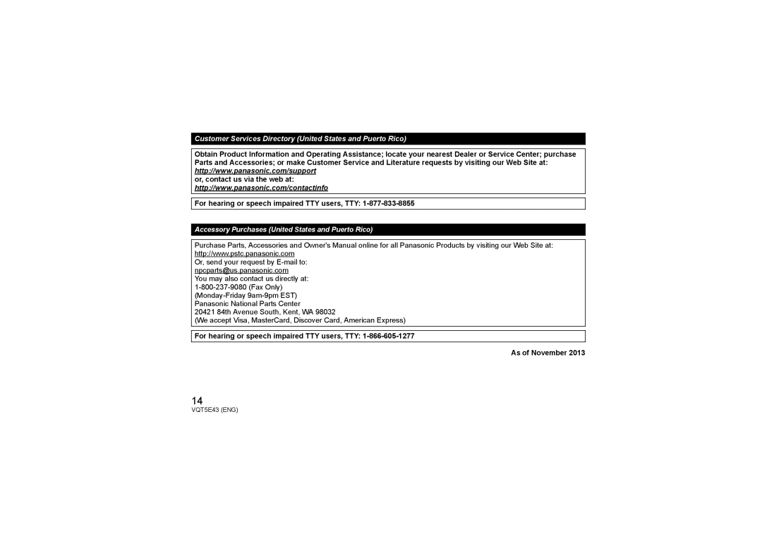 Panasonic H-NS043 owner manual Customer Services Directory United States and Puerto Rico 