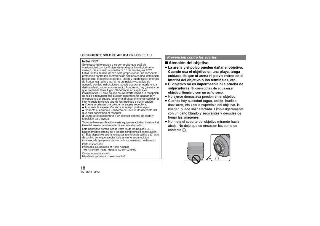 Panasonic H-NS043 owner manual Atención del objetivo, LO Siguiente Sólo SE Aplica EN LOS EE. UU 