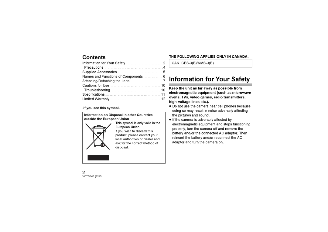 Panasonic H-NS043 owner manual Information for Your Safety, Contents 