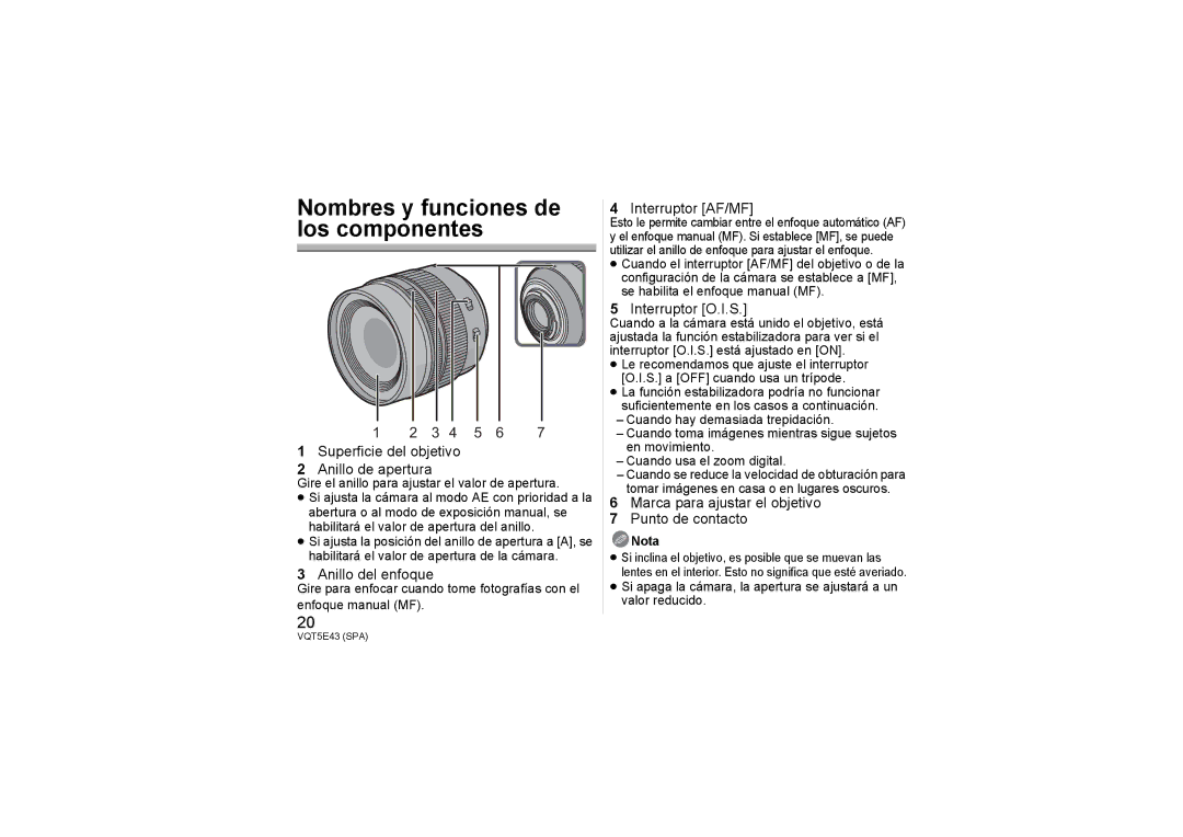 Panasonic H-NS043 owner manual Nombres y funciones de los componentes, Nota 