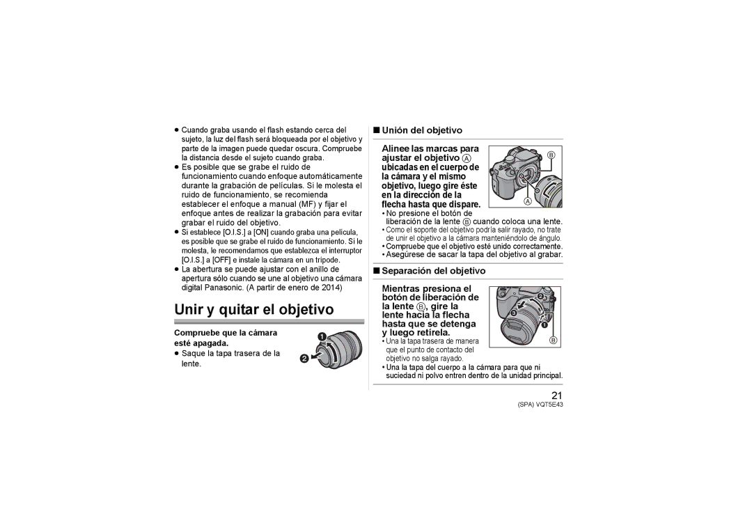 Panasonic H-NS043 owner manual Unir y quitar el objetivo, Unión del objetivo, Compruebe que la cámara esté apagada 